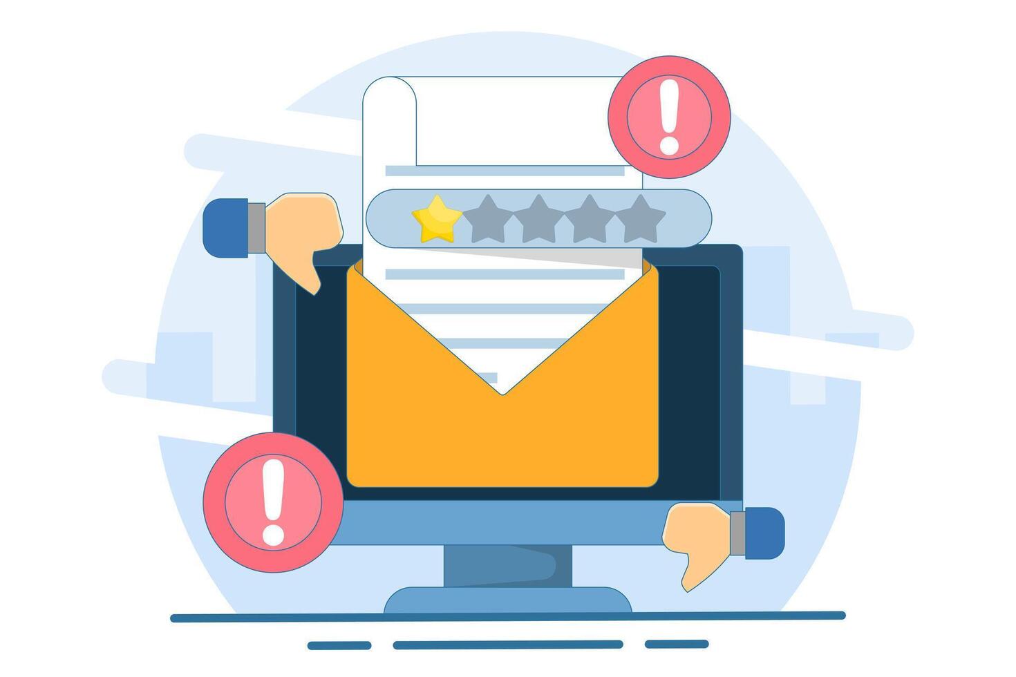 Bad review and rating email concept. Customer is dissatisfied and gives 1 star rating. Customer, buyer, client satisfaction. Giving one star because of dissatisfaction and disappointment. Illustration vector