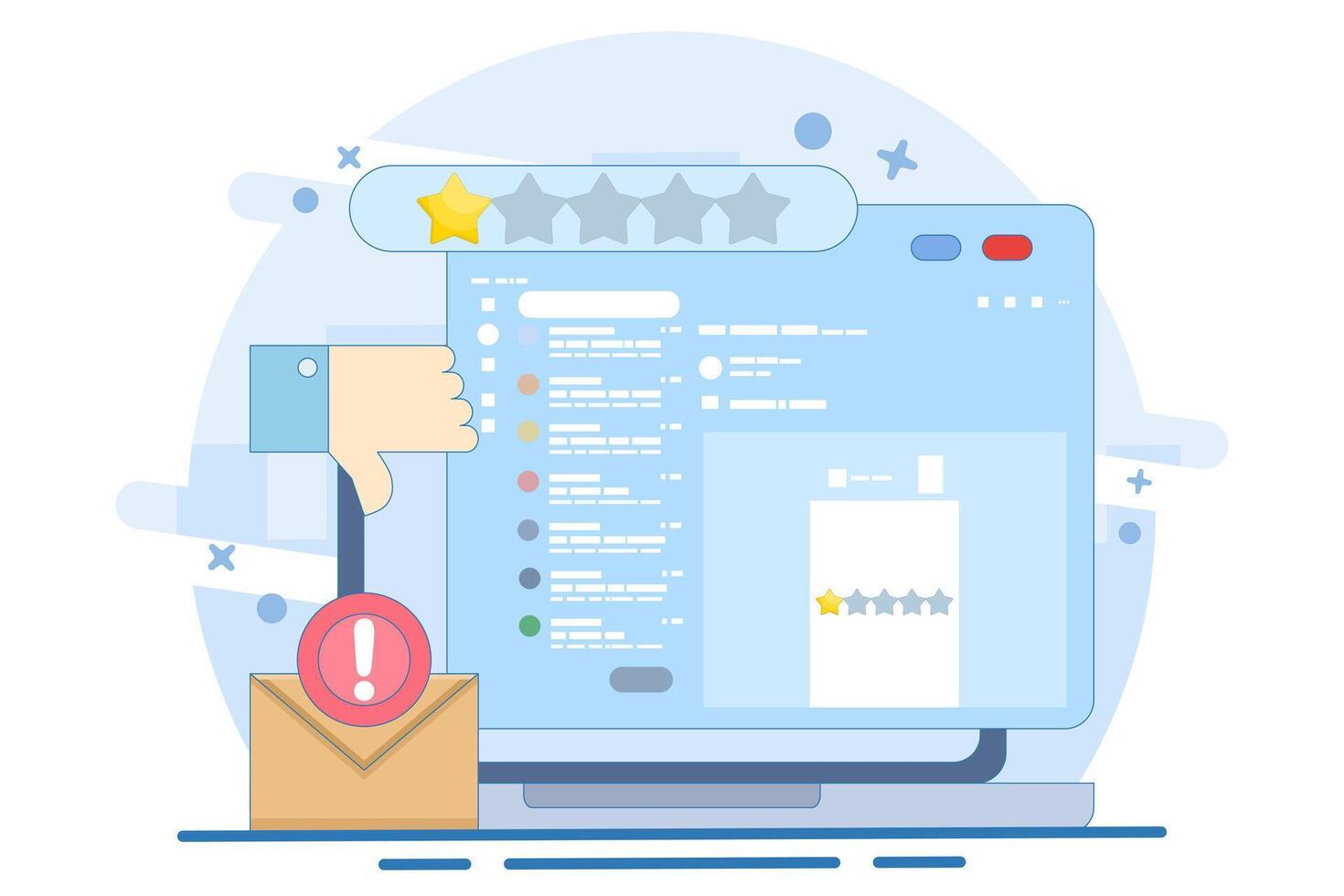 Bad review and rating email concept. Customer is dissatisfied and gives 1 star rating. Giving one star because of dissatisfaction and disappointment. vector