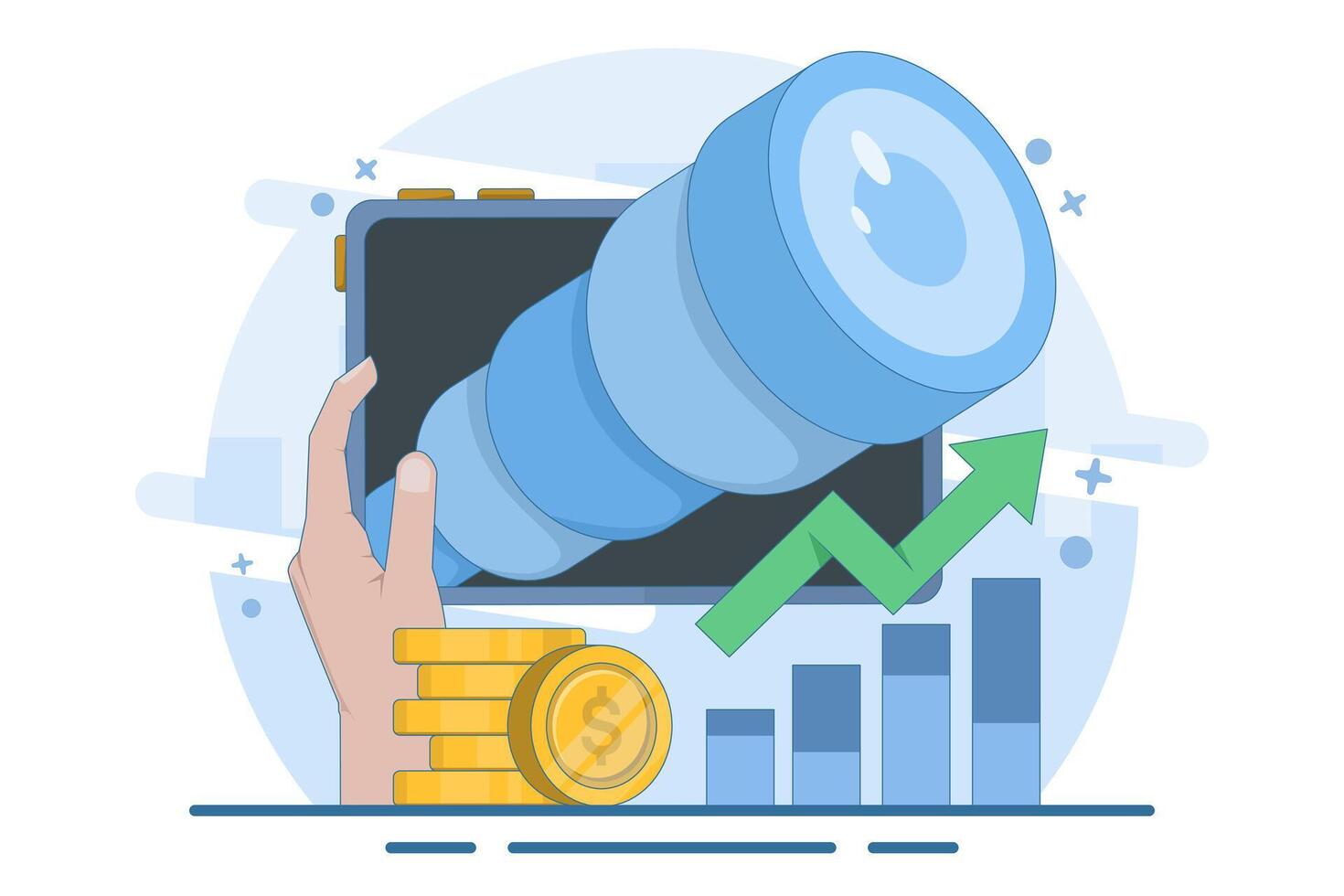 business opportunity concept. vision and future. seeking profit and money. a visionary seeks opportunities and chances to succeed using a telescope. vector