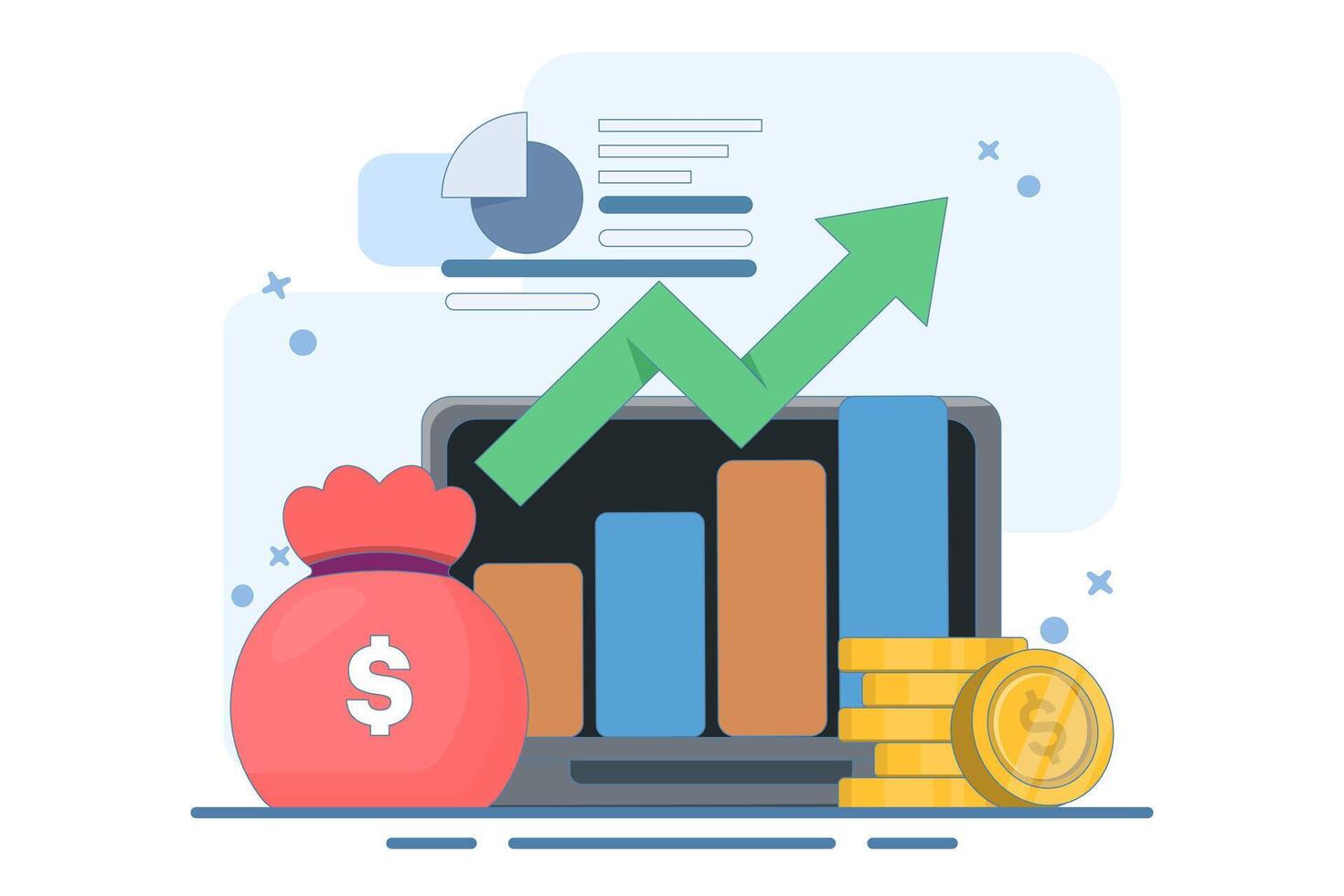growing economy and finance concept. increase, investment profit, income and bonus. business income information increase. coins, graph data and plants. flat illustration. vector