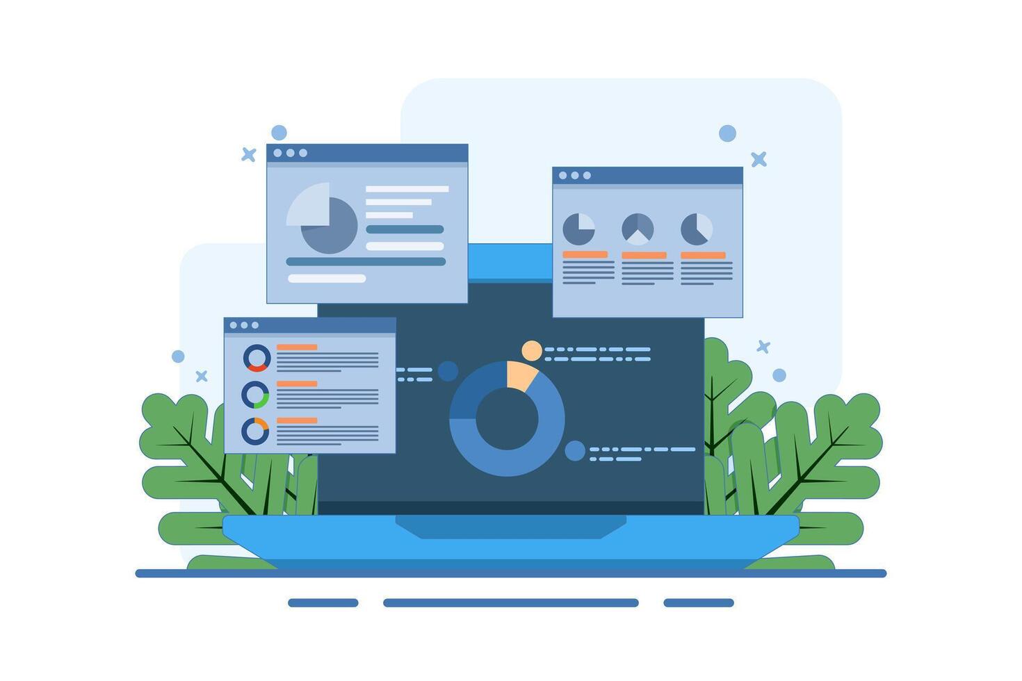 Concept of data and information displayed on dashboard, SEO marketing analytics illustration, Marketing analysis, Market research, Business analysis. flat illustration on background. vector
