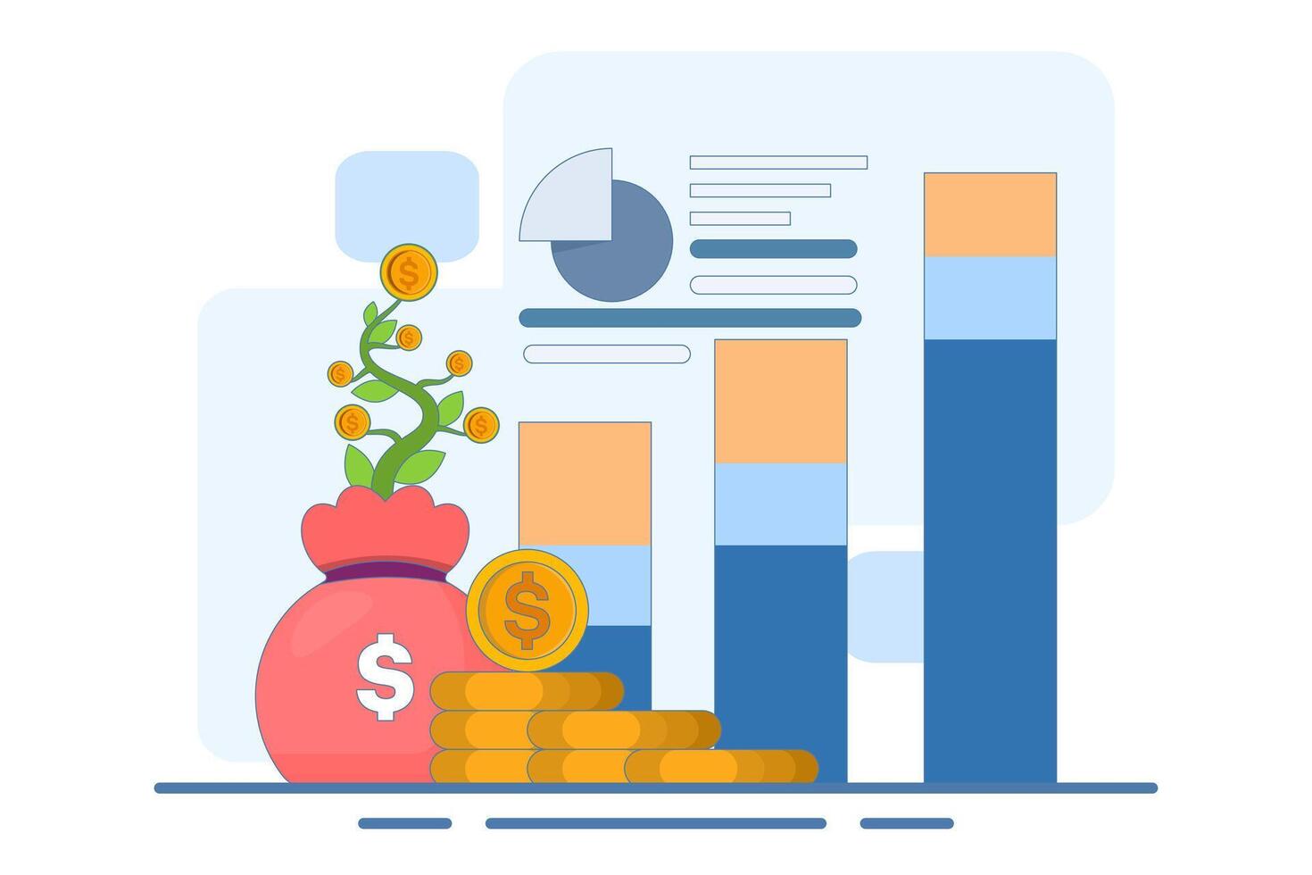 growing economy and finance concept. increase, investment profit, income and bonus. business income information increase. coins, graph data and plants. flat illustration. vector