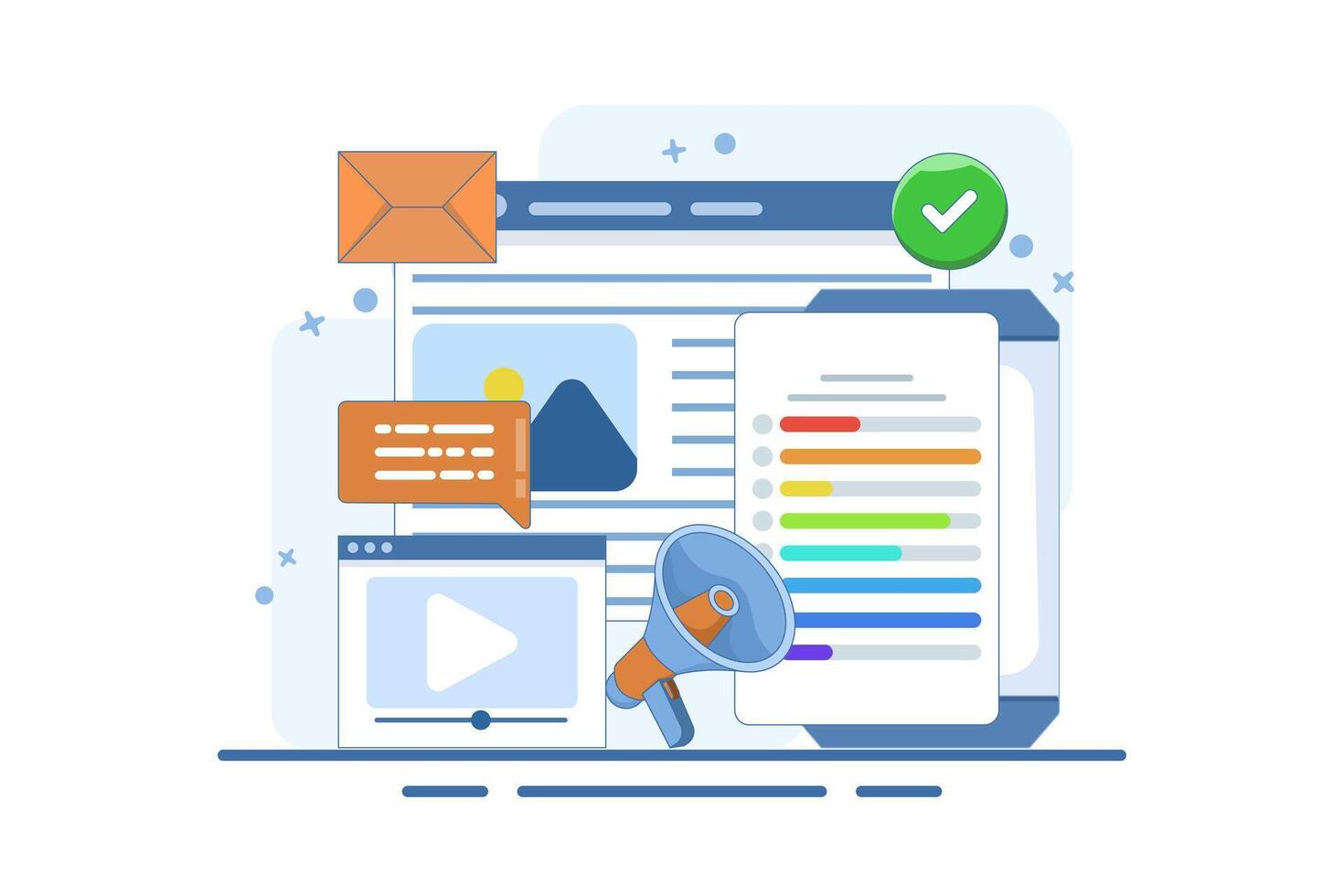 Content marketing concept, Brand content promotion, Email marketing, Social media advertising, Content strategy, content marketing strategy, Social media, illustration with icons. vector