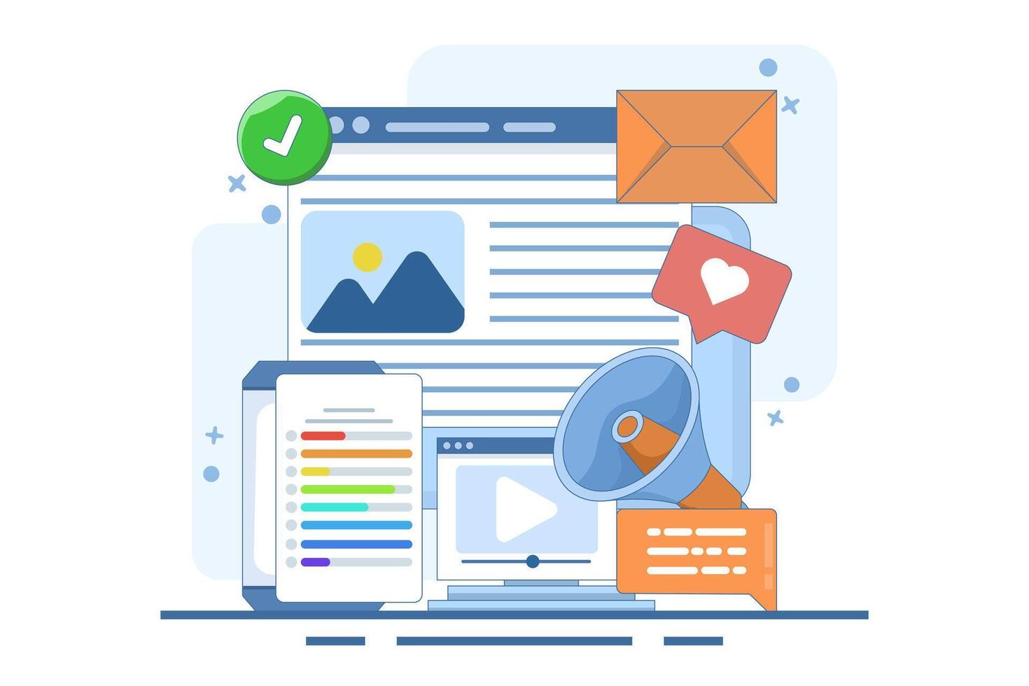 Content marketing concept, Brand content promotion, Email marketing, Social media advertising, Content strategy, content marketing strategy, Social media, illustration with icons. vector
