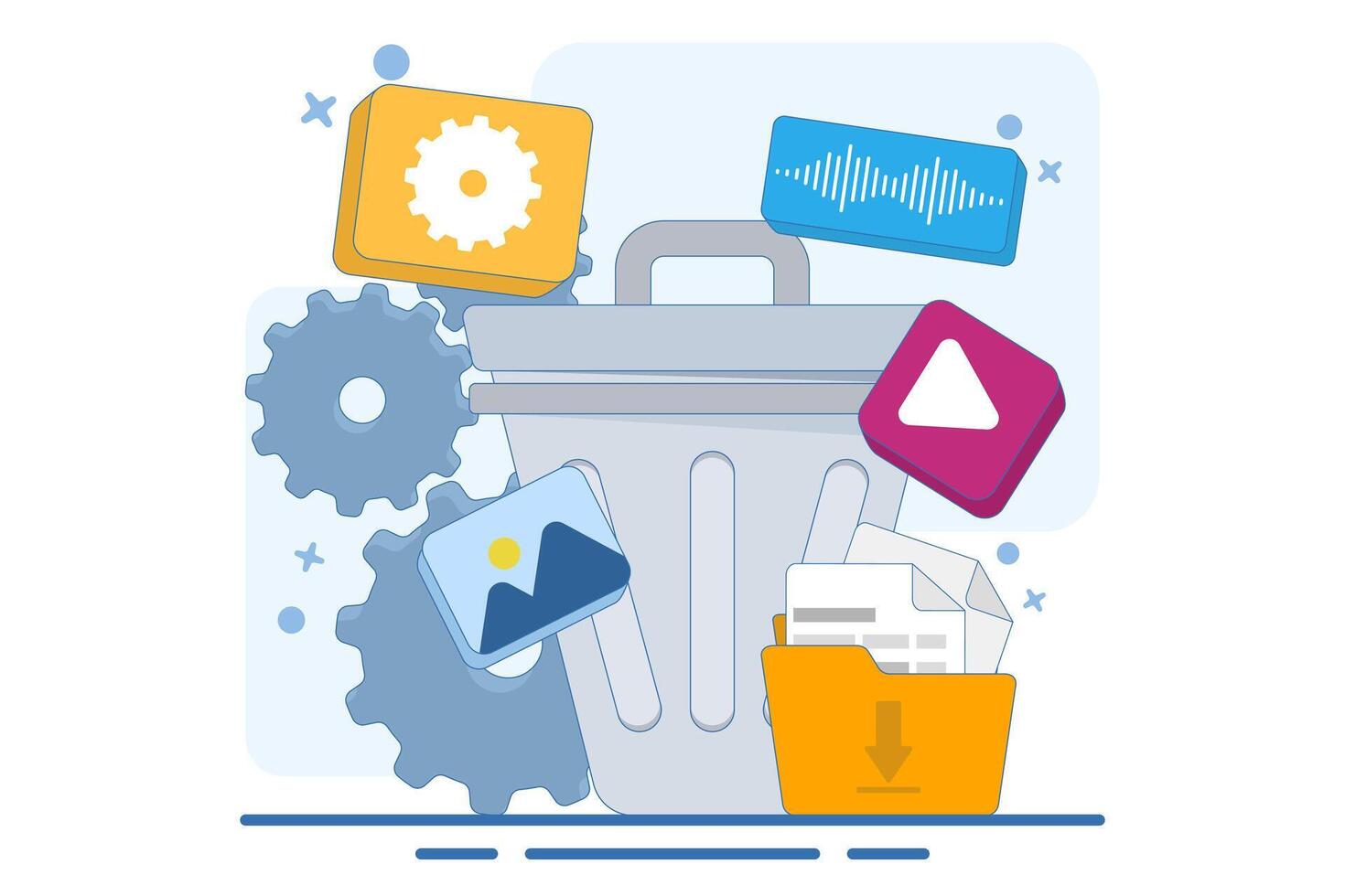 concept of Deleting data and moving unnecessary files to trash, Cleaning digital memory, Deleting documents in trash, Cleaning software, flat illustration template. vector