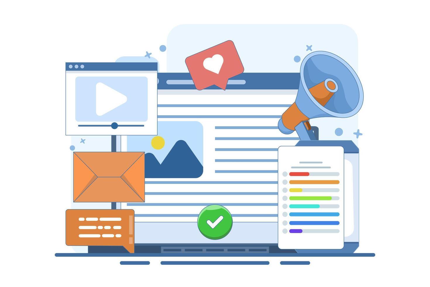Content marketing concept, Brand content promotion, Email marketing, Social media advertising, Content strategy, content marketing strategy, Social media, illustration with icons. vector