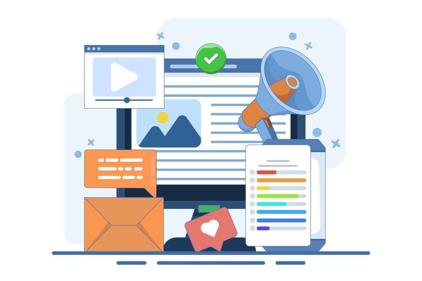 Content marketing concept, Brand content promotion, Email marketing, Social media advertising, Content strategy, content marketing strategy, Social media, illustration with icons. vector