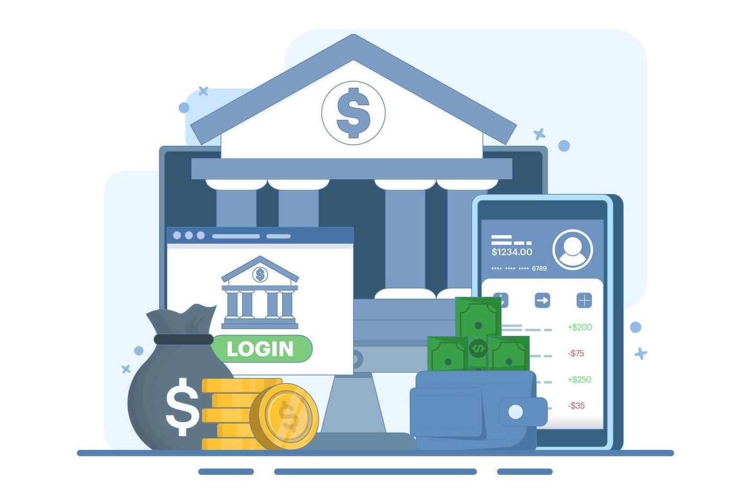 Online banking and mobile payments concept, login to bank account, digital wallet, internet money, savings and finance, mobile banking. Flat illustration on background. vector
