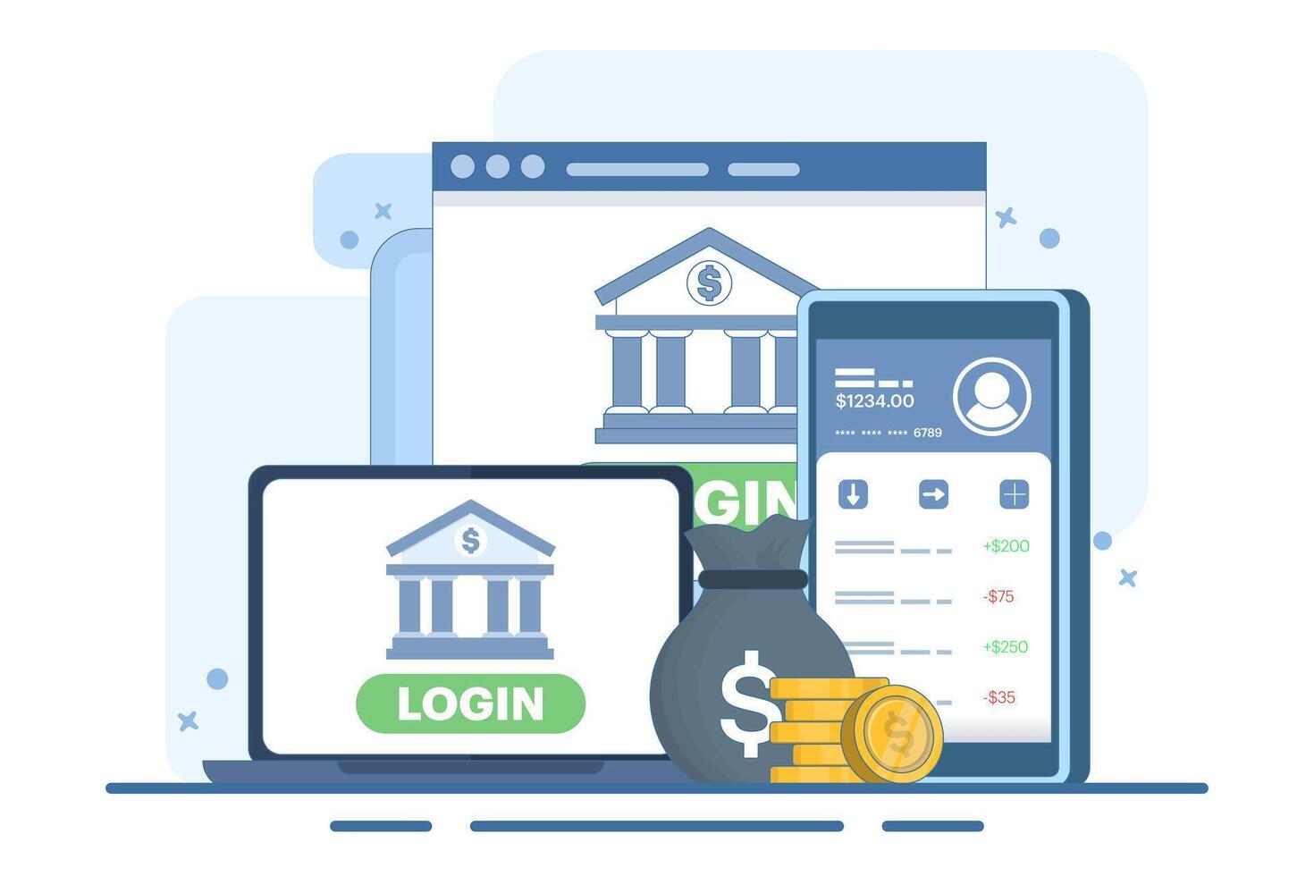 Online banking and mobile payments concept, login to bank account, digital wallet, internet money, savings and finance, mobile banking. Flat illustration on background. vector