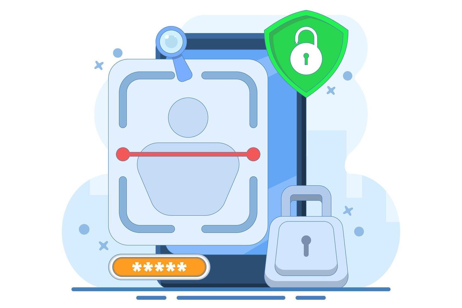 facial recognition technology concept. identification and authentication system using face. biometrics and security. illustration of user scanning their face to gain access. flat illustration. vector
