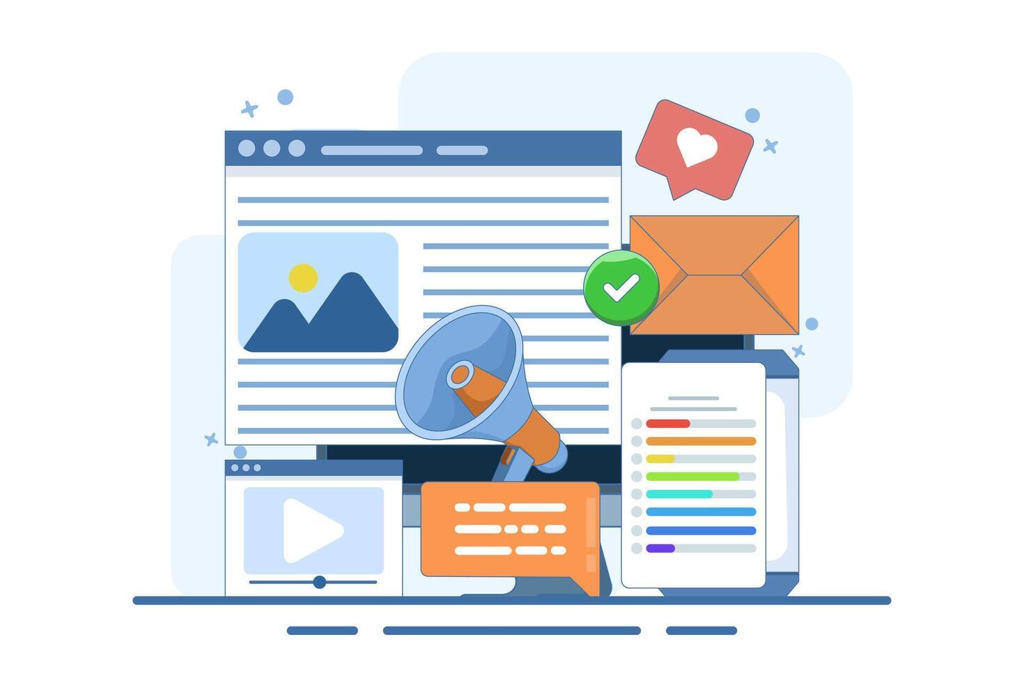 Content marketing concept, Brand content promotion, Email marketing, Social media advertising, Content strategy, content marketing strategy, Social media, illustration with icons. vector