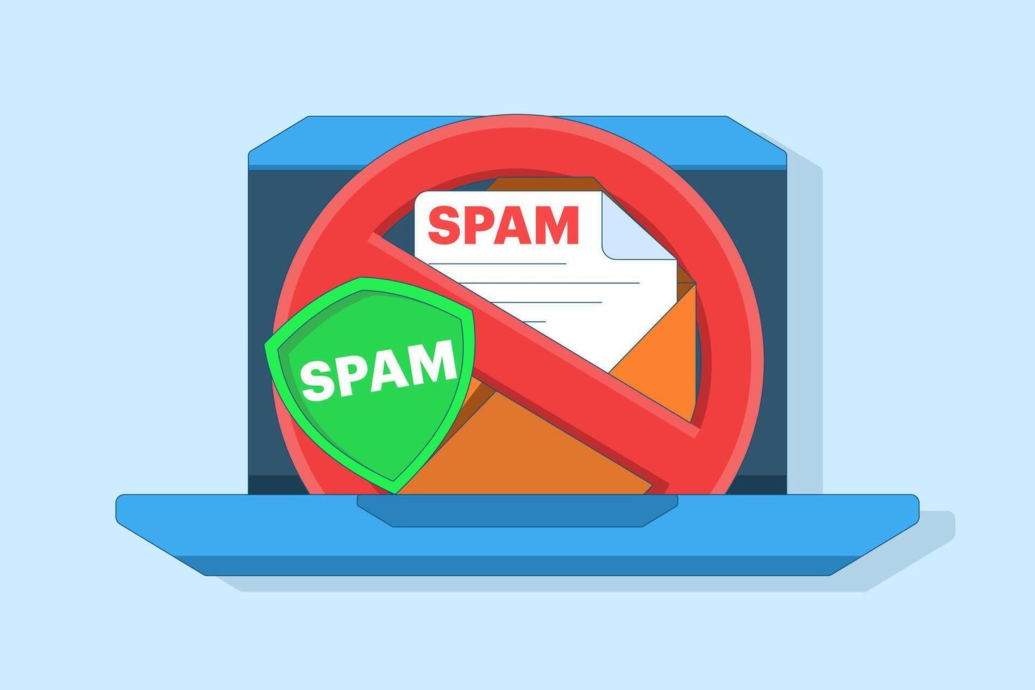 spam mailbox concept, spam warning, laptop with envelope and document, warning, security. sending spam mail and document online, warning message, flat illustration template. vector