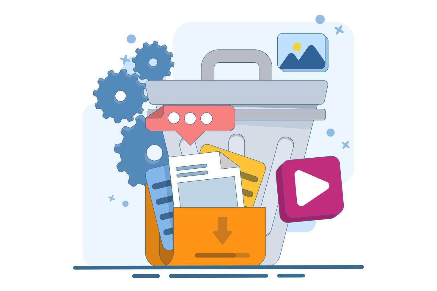 concept of Deleting data and moving unnecessary files to trash, Cleaning digital memory, Deleting documents in trash, Cleaning software, flat illustration template. vector