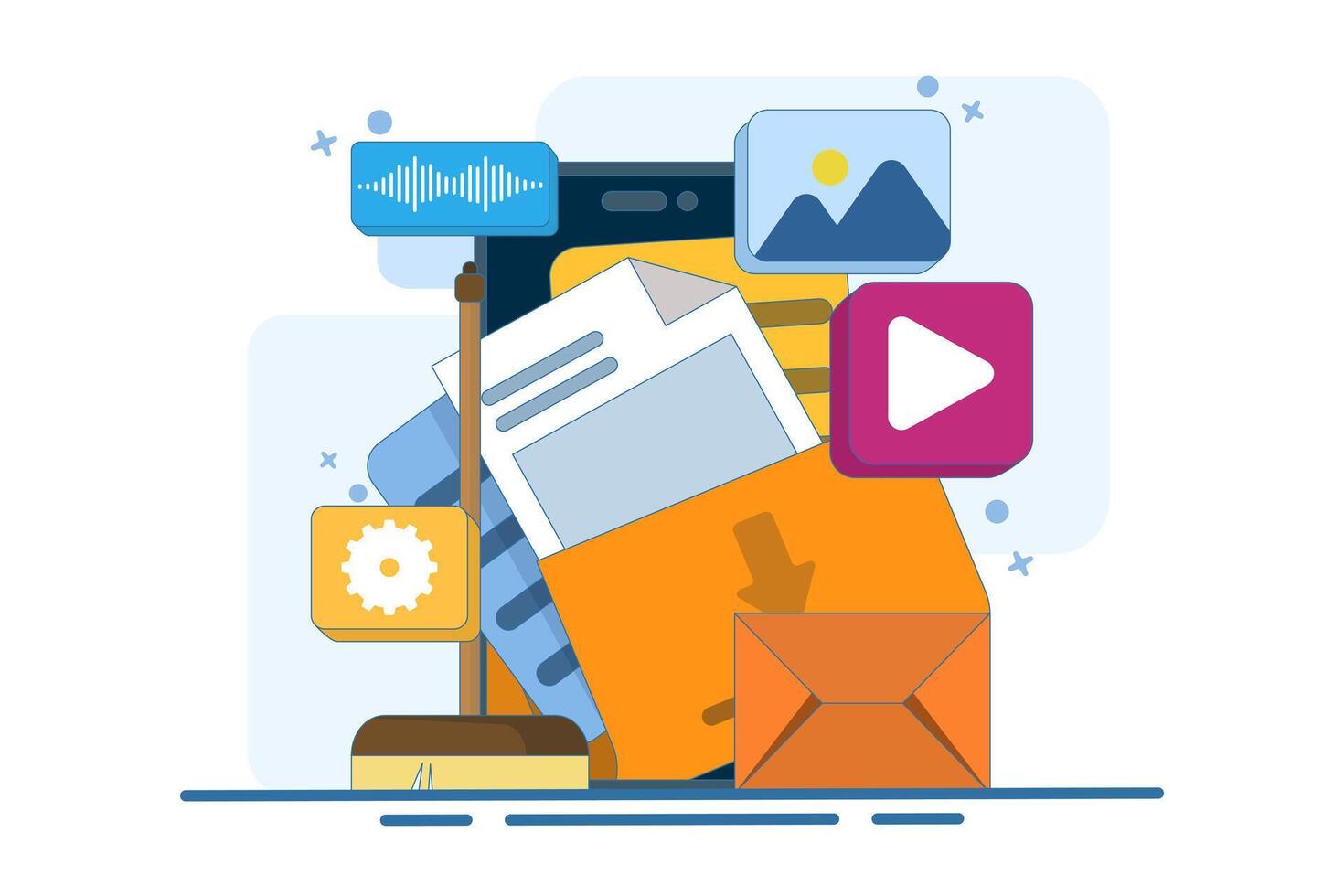 Data cleaning concept, Clear cache memory, download cloud history data, Clean digital memory, Delete documents in trash, Cleaning Software. Flat illustration template. vector