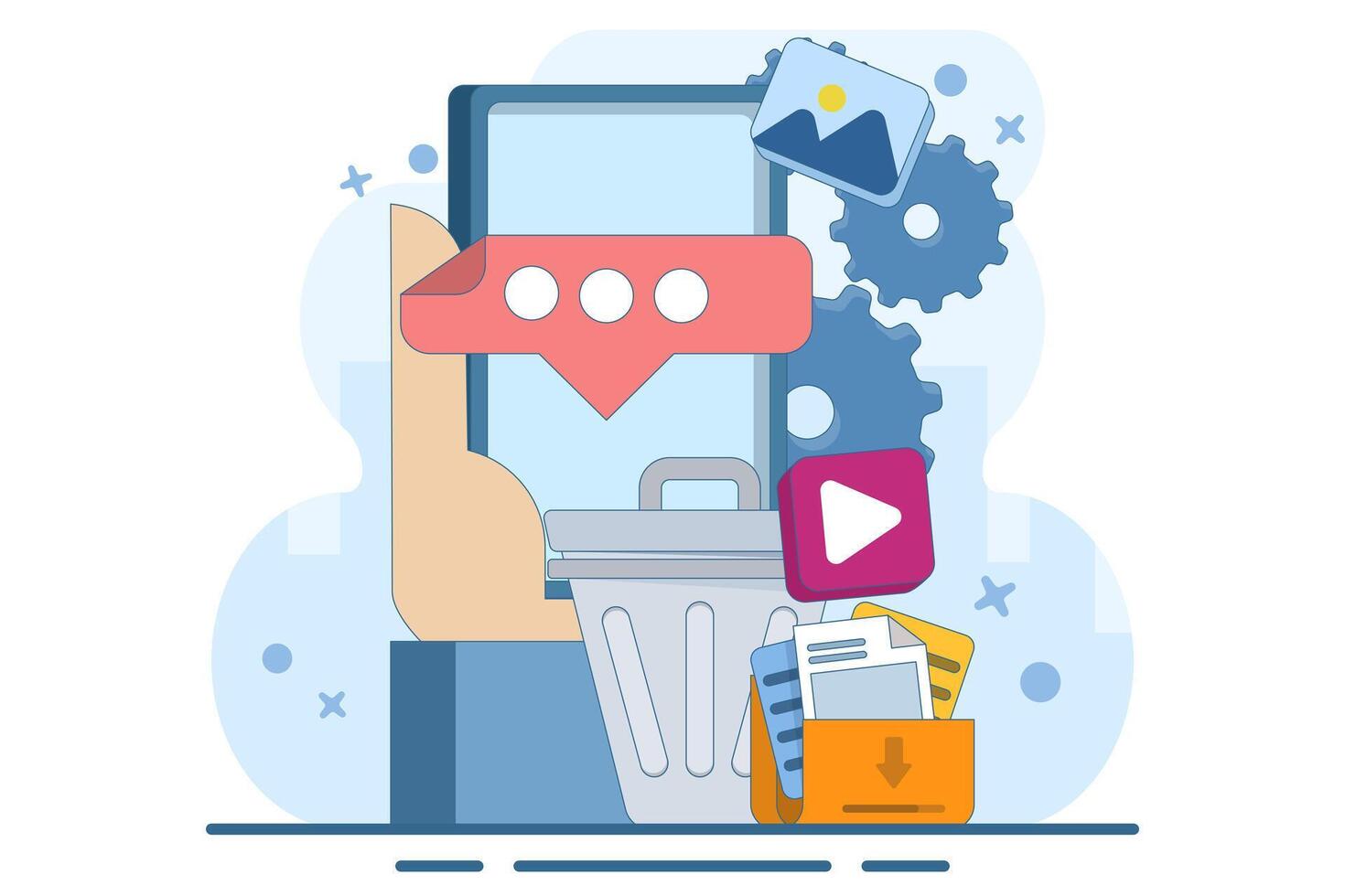 concept of Deleting data and moving unnecessary files to trash, Cleaning digital memory, Deleting documents in trash, Cleaning software, flat illustration template. vector