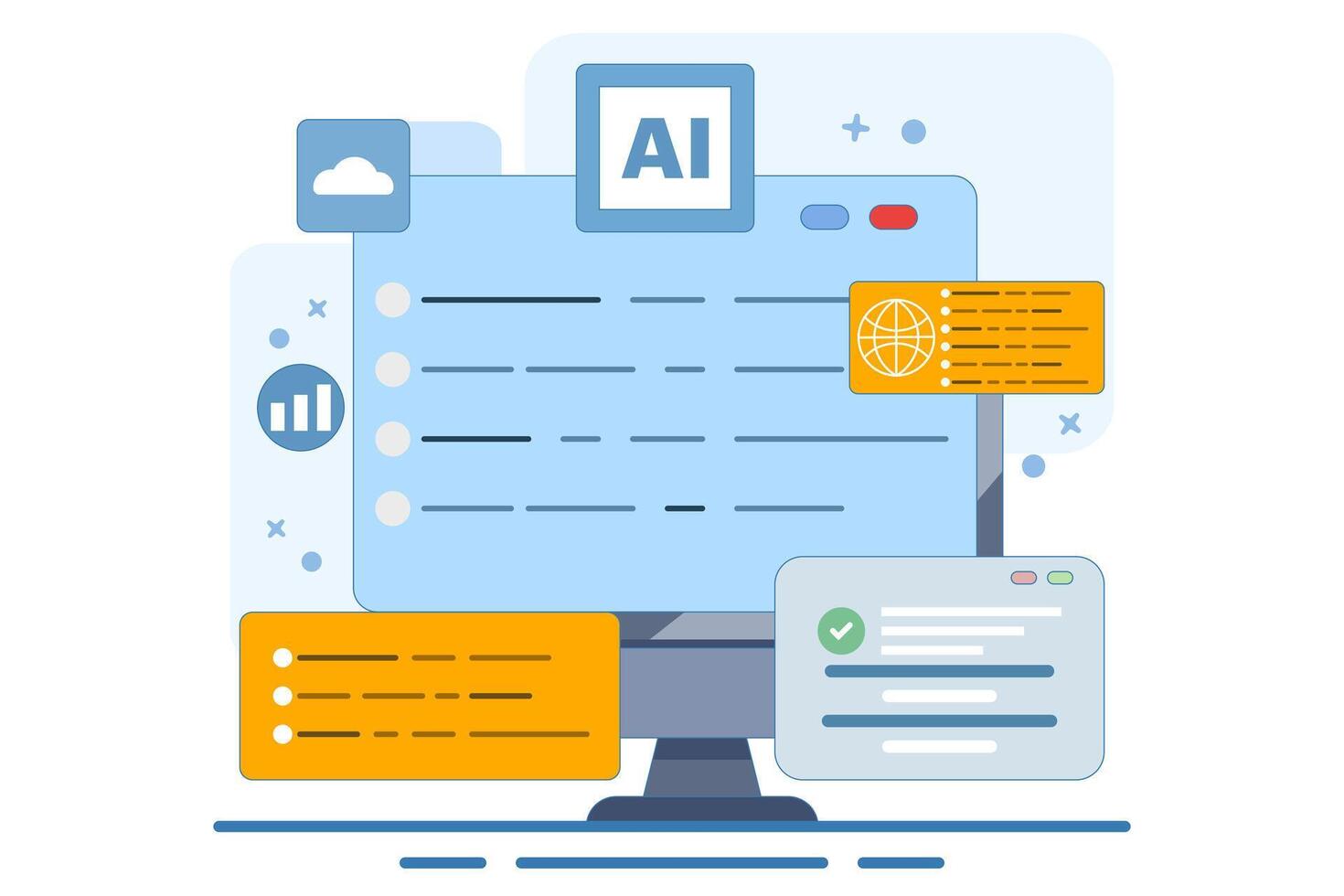 Programming and communication concept. Software and mobile app development. Cloud services and web browsers. Poster or banner. Flat illustration on background. vector