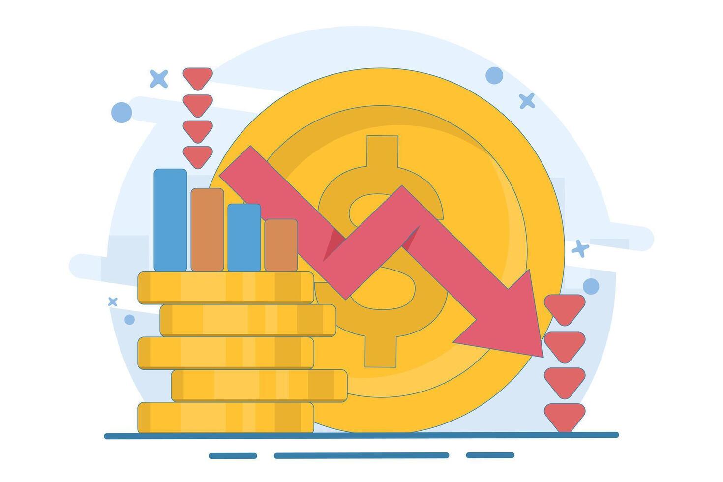 recession concept. economic downturn, profit or income. decreasing currency value. coin with down arrow. economic and financial problems. flat illustration on background. vector
