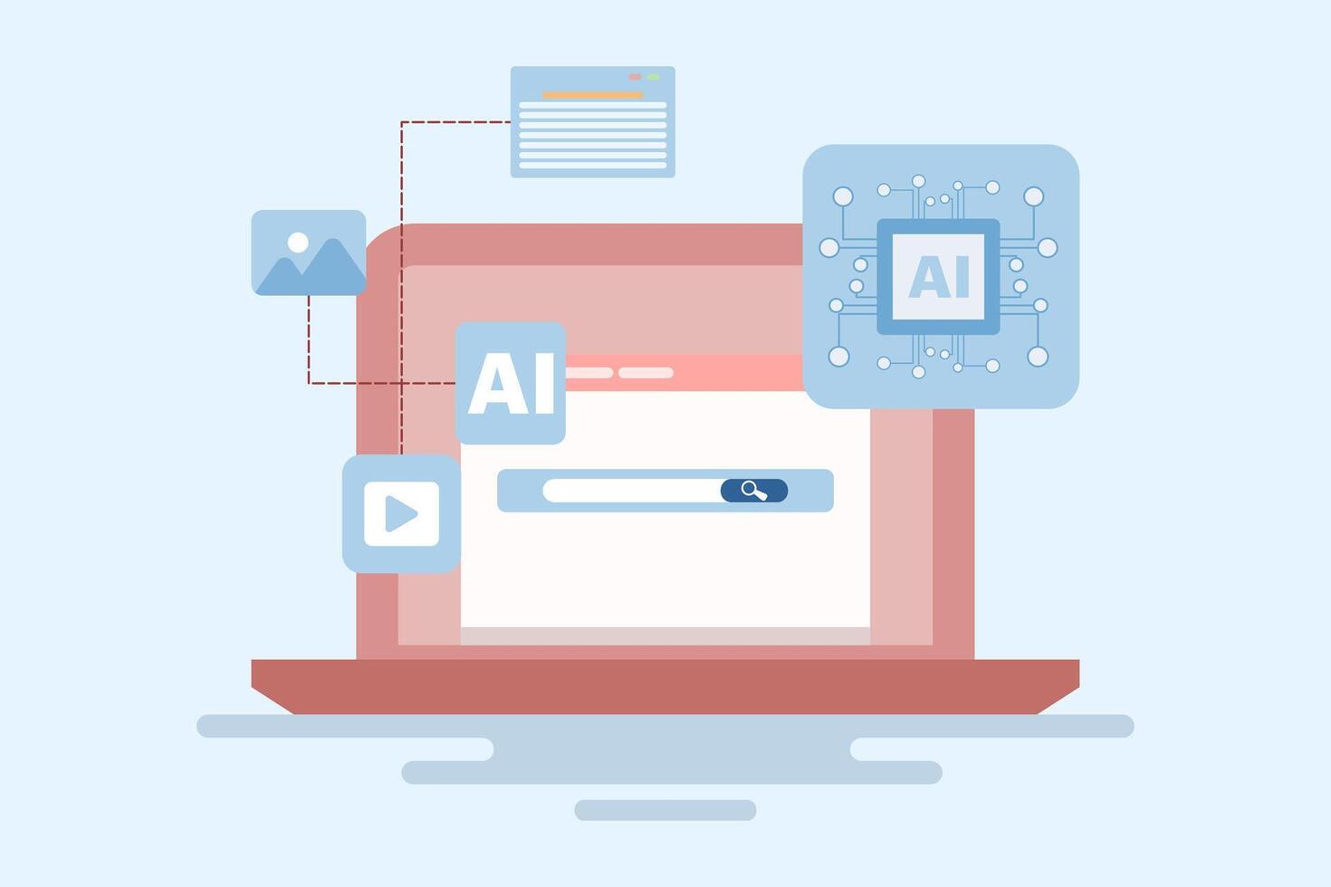 AI assisted search engine concept, Artificial intelligence with search results, AI processing search engine results, Online web search engine with AI helps users find information faster. vector