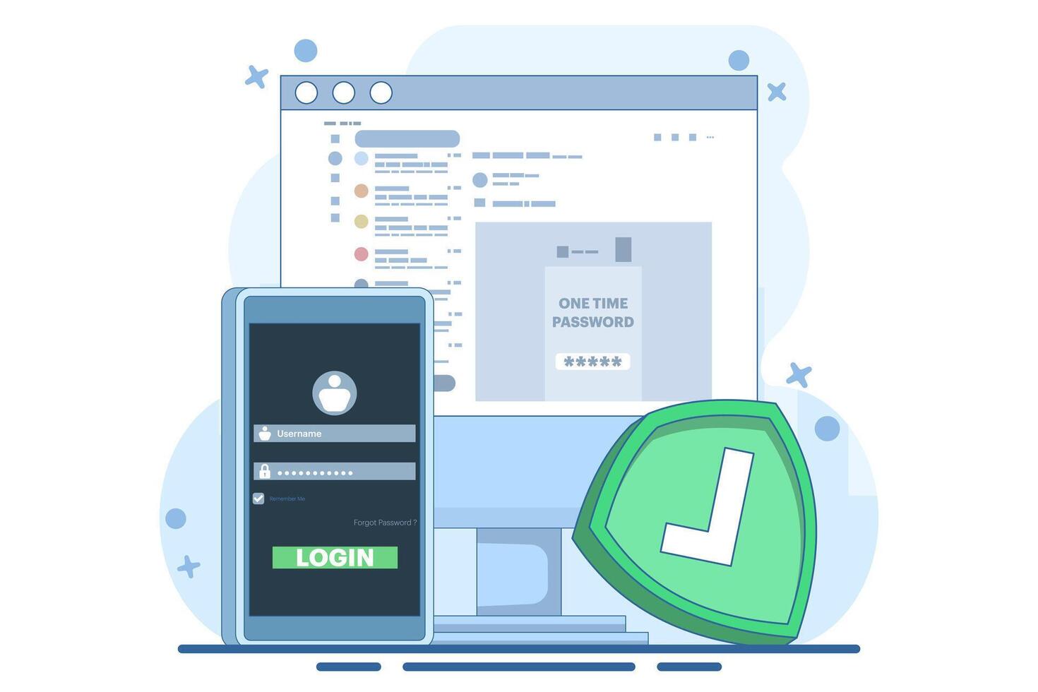 The concept of logging into a website or application using two steps, Two-step authentication. Verification code message, Two-factor verification, notification with code for secure login or sign in. vector
