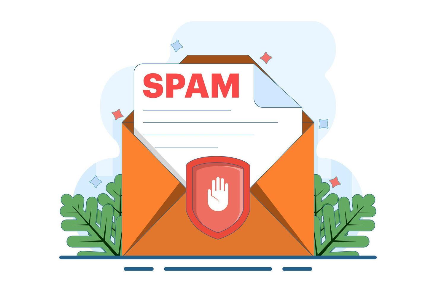 spam mailbox concept, spam warning, laptop with envelope and document, warning, security. sending spam mail and document online, warning message, flat illustration template. vector