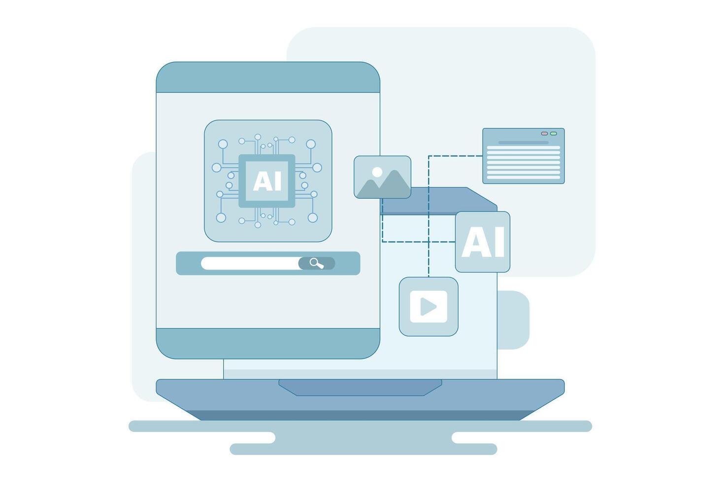 AI assisted search engine concept, Artificial intelligence with search results, AI processing search engine results, Online web search engine with AI helps users find information faster. vector