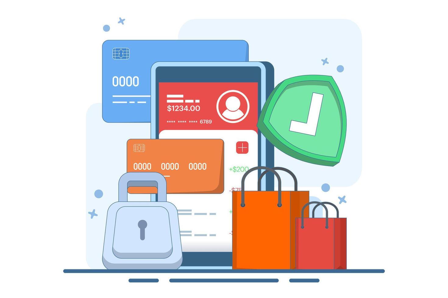 Online banking and mobile payments concept, login to bank account, digital wallet, internet money, savings and finance, mobile banking. Flat illustration on background. vector