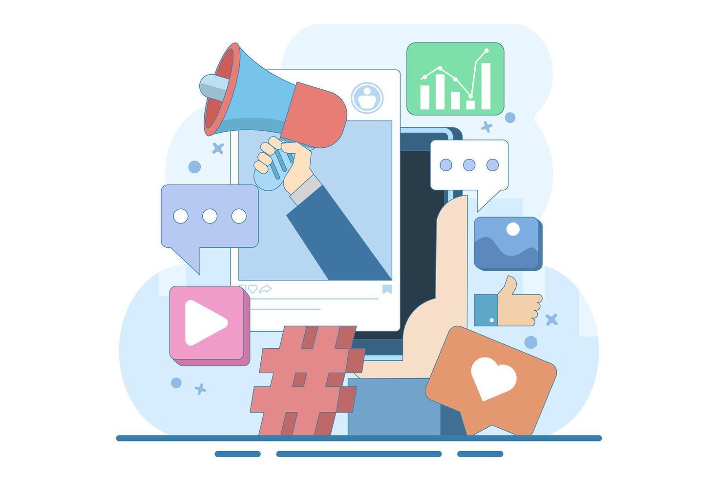 social media marketing concept, social media feed with megaphone, Flat illustration Digital marketing, Ecommerce, Social media campaign, SEO optimization, content marketing. flat illustration. vector
