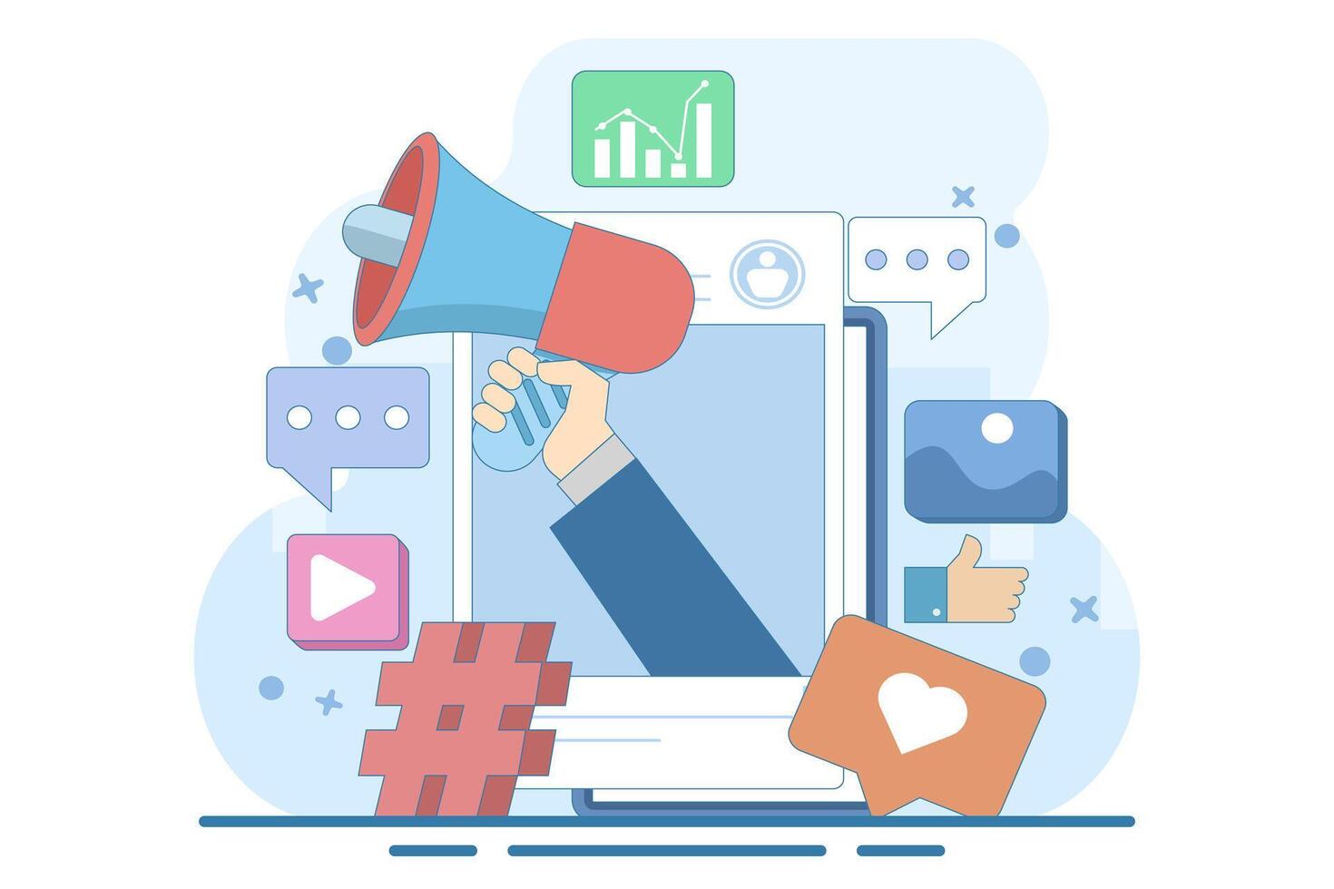 social media marketing concept, social media feed with megaphone, Flat illustration Digital marketing, Ecommerce, Social media campaign, SEO optimization, content marketing. flat illustration. vector