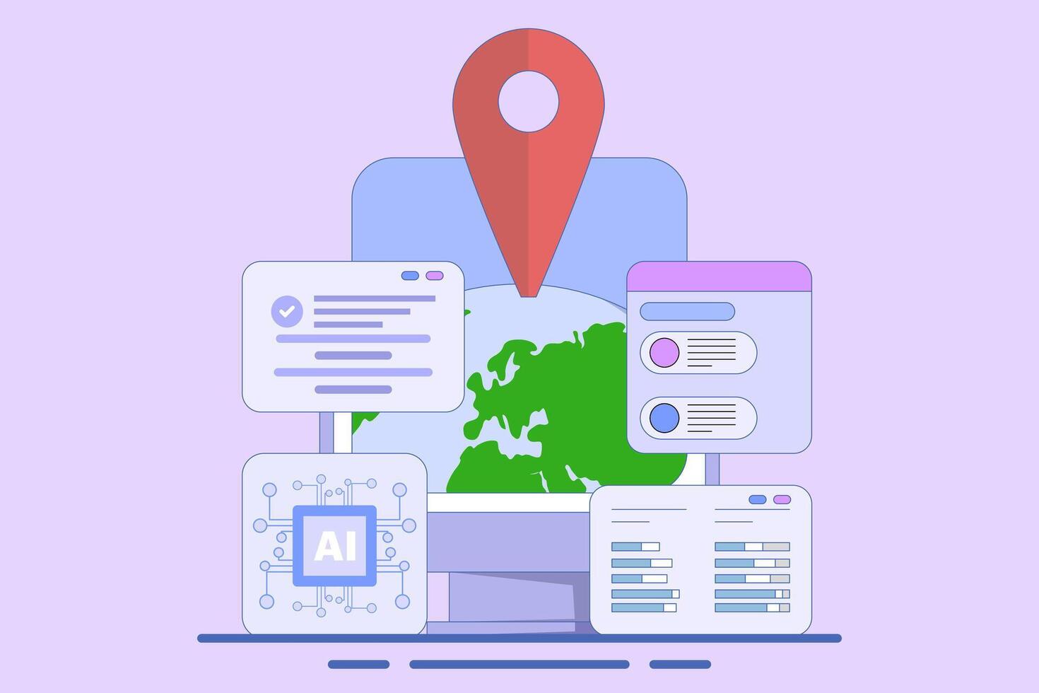 Search engine AI Assistance Concept, AI suggests search results from search engine, Artificial intelligence chatbot to help user, flat illustration on background. vector