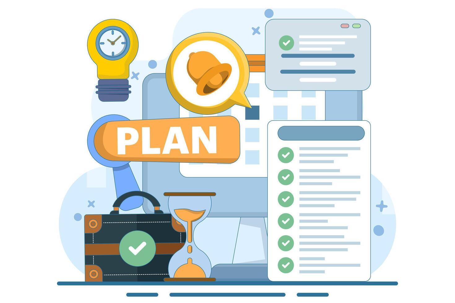 Time management concept. Manager makes plans and schedules, manages efficient working time in the office. illustration for social media banners, marketing materials. flat illustration. vector