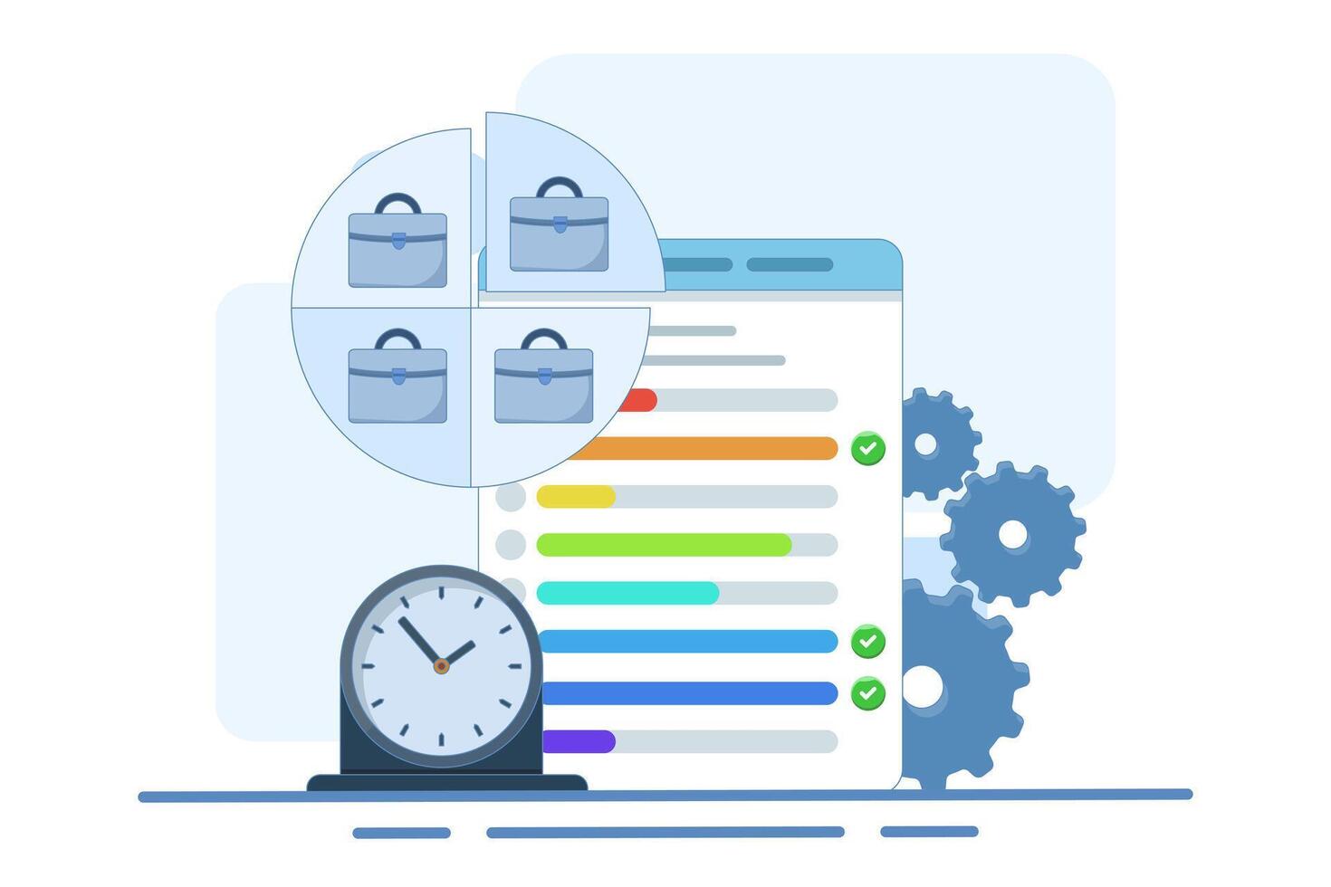 time management concept for work. organizing and dividing time for part time work. managing or organizing time to be productive. planning and work. flat illustration. vector