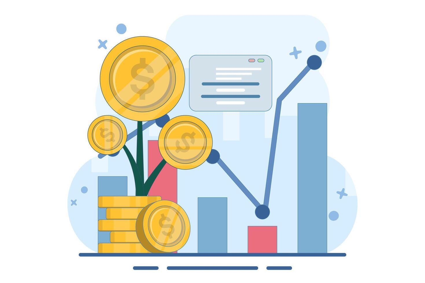 growing economy and finance concept. increase, investment profit, income and bonus. business income information increase. coins, graph data and plants. flat illustration. vector
