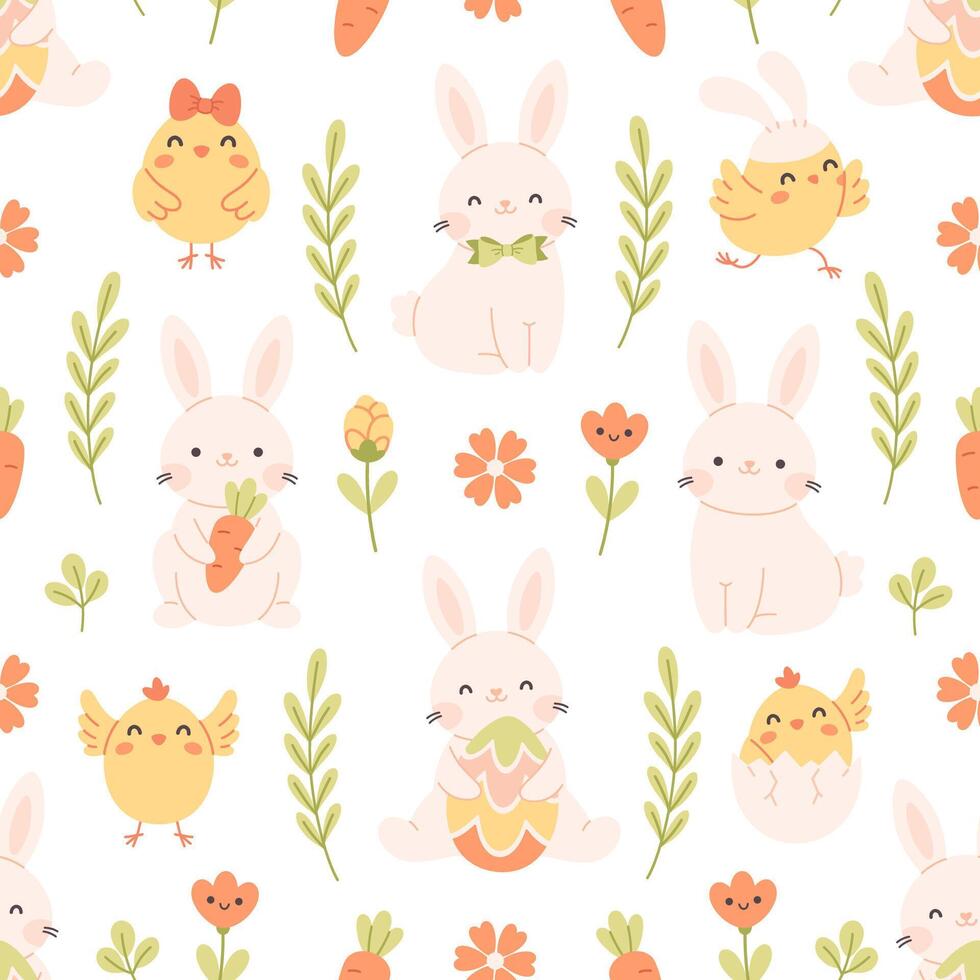 Seamless pattern with cute Easter bunnies, chicks, flowers. Spring seamless pattern vector