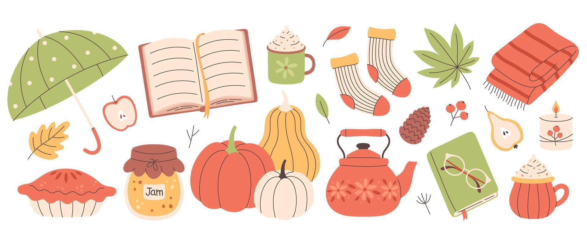 Autumn elements set. Cute and cozy seasonal objects. Fall, Thanksgiving Day vector