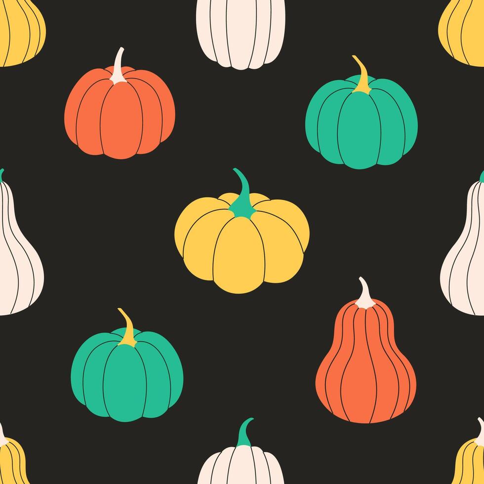 Pumpkins seamless pattern. Autumn harvest, farming. Flat, hand drawn texture for wallpaper, textile, fabric, paper. vector