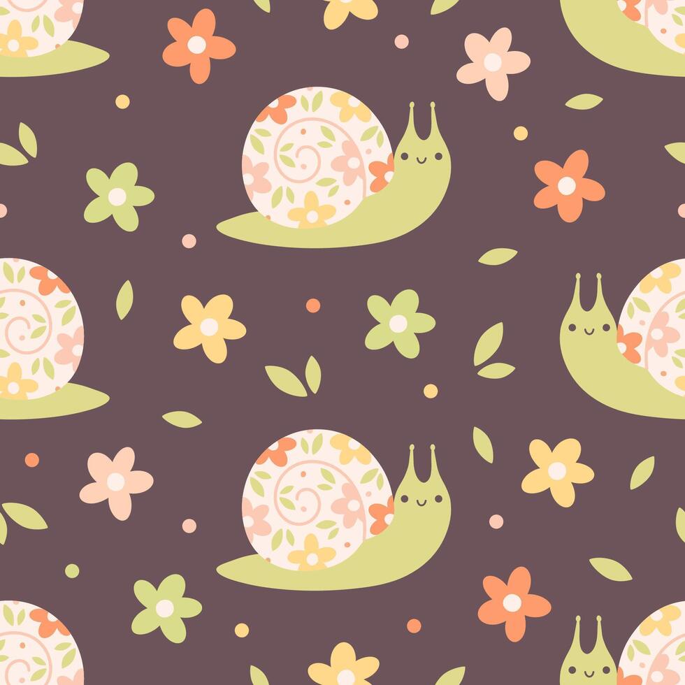 Seamless pattern with cute snails and flowers. Spring and summer seamless pattern vector