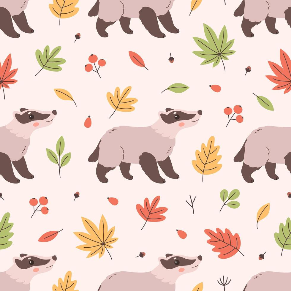 Seamless pattern with cute badger and autumn leaves. Flat, hand drawn texture for wallpaper, textile, fabric, paper. vector