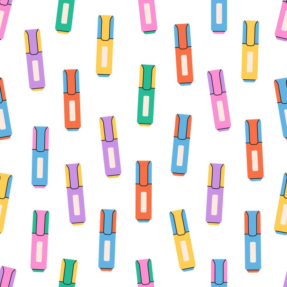 Seamless pattern with cute colorful marker pens or highlighters. School stationery or office supplies vector