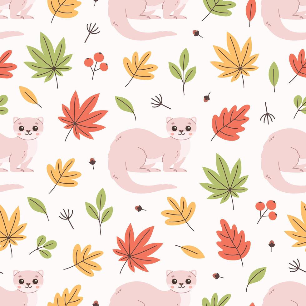 Seamless pattern with cute ferret and autumn leaves. Flat, hand drawn texture for wallpaper, textile, fabric, paper. vector