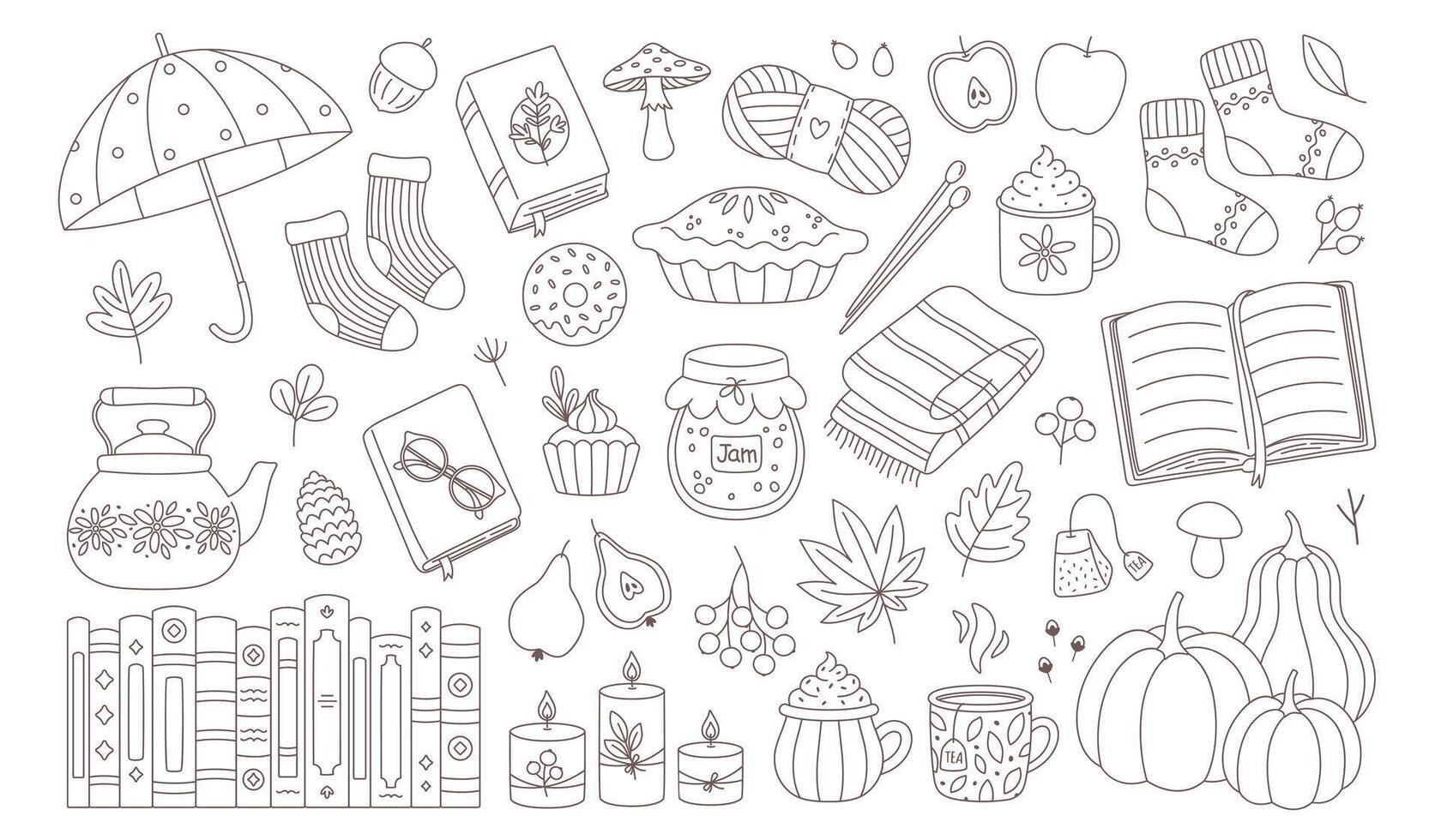 Autumn elements set. Cute and cozy seasonal objects. Fall, Thanksgiving Day. Autumn coloring book vector