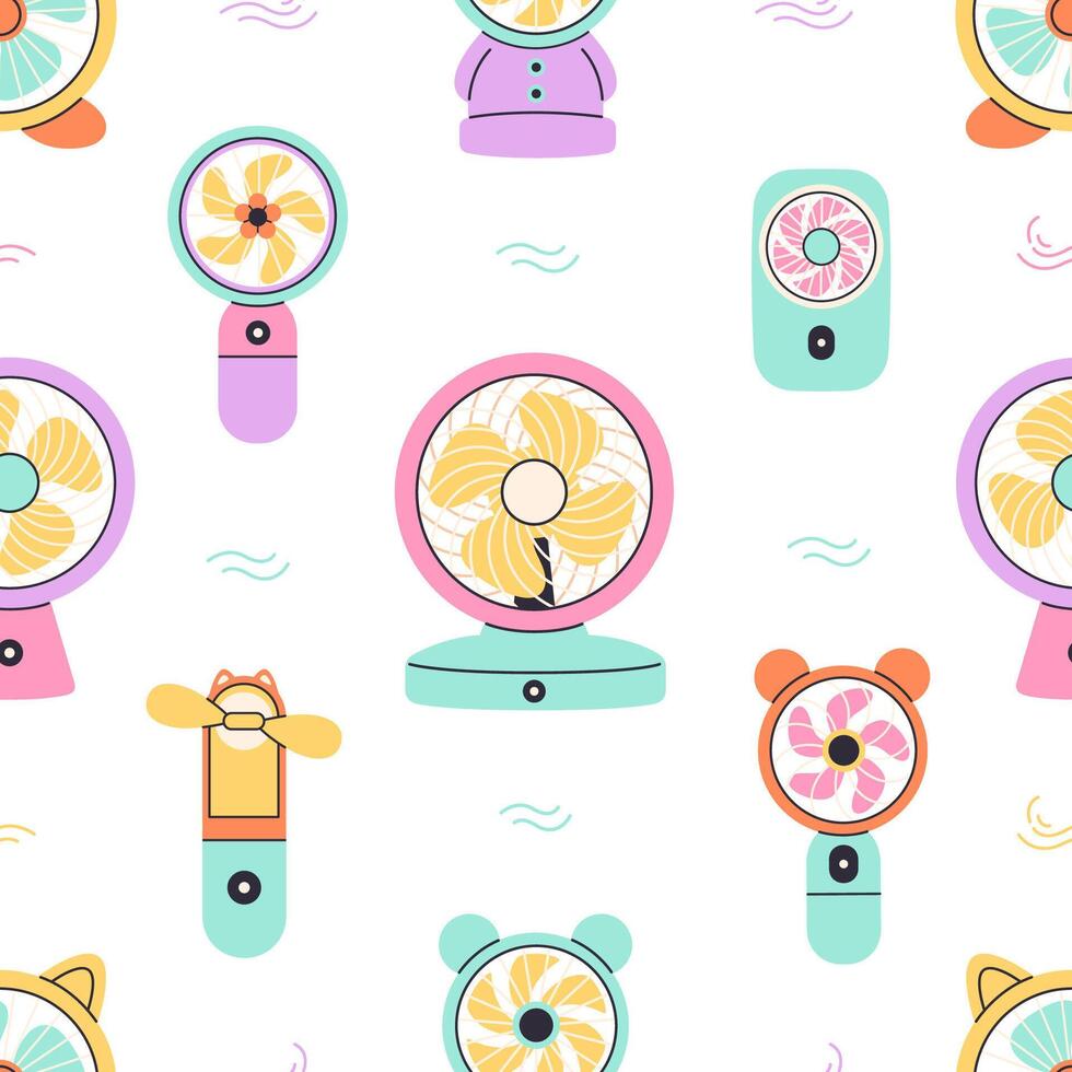 Seamless pattern with modern portable fans. Table fan, hand fan. Mini electric fan. vector