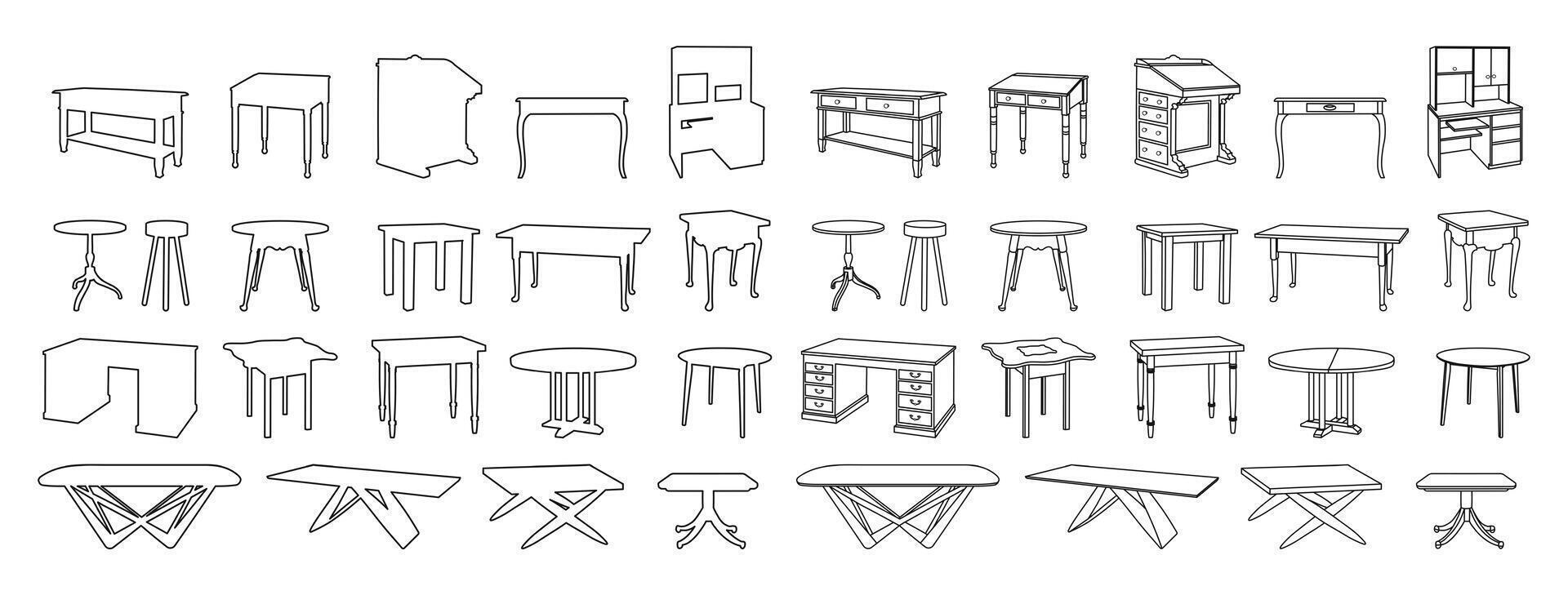 Set of tables, sketch of furniture, black and white linear illustration vector