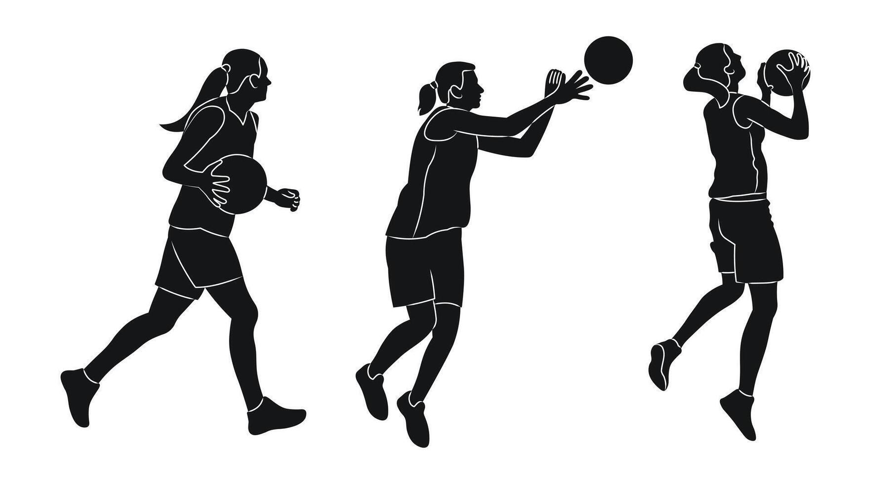 Womens basketball, female athlete silhouette, female basketball players with different poses, gestures vector