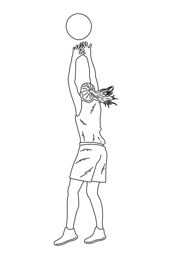 Sketch of a girl in a dynamic pose as a basketball player, striking a flying ball with her palm vector