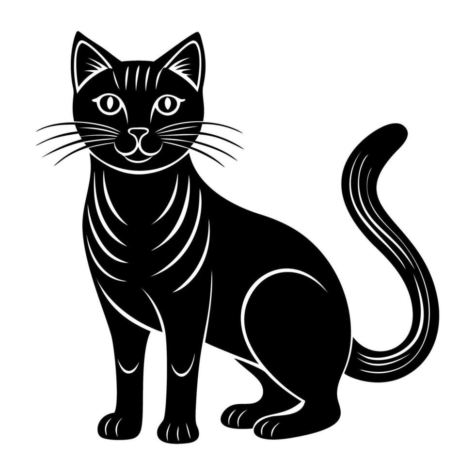 cat full body icon Black and white logo, cat silhouette, engraving style. Pet character. illustration vector