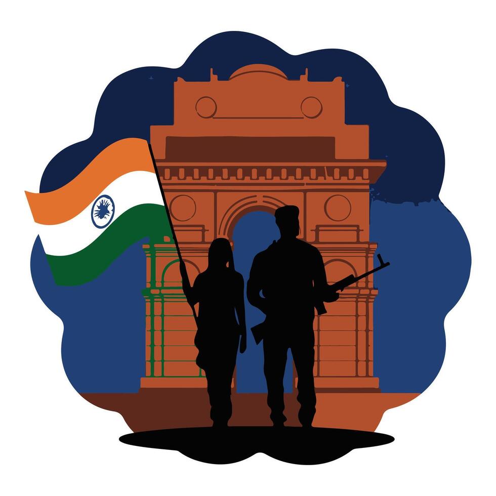 Patriotic Illustration of India Gate Honoring Independence with Flag-Waving Figure and National Colors vector