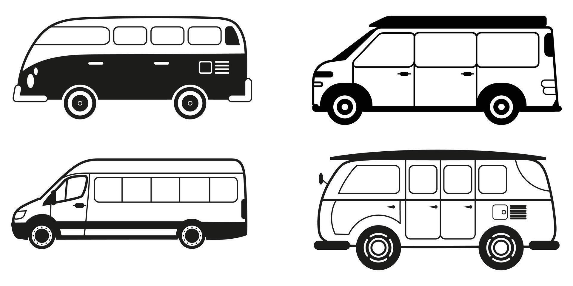 Four different types of vans and buses on a white background vector