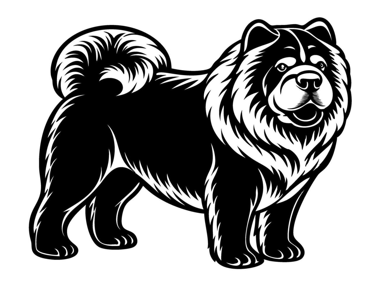 chow chow dog full body icon. Black and white logo, dog silhouette, engraving style. Pet character. illustration vector
