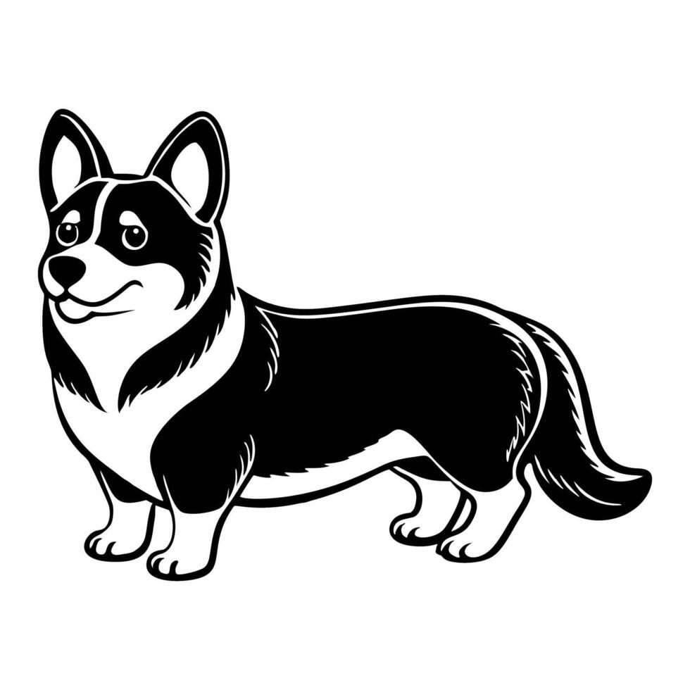 corgi dog full body icon. Black and white logo, dog silhouette, engraving style. Pet illustration vector