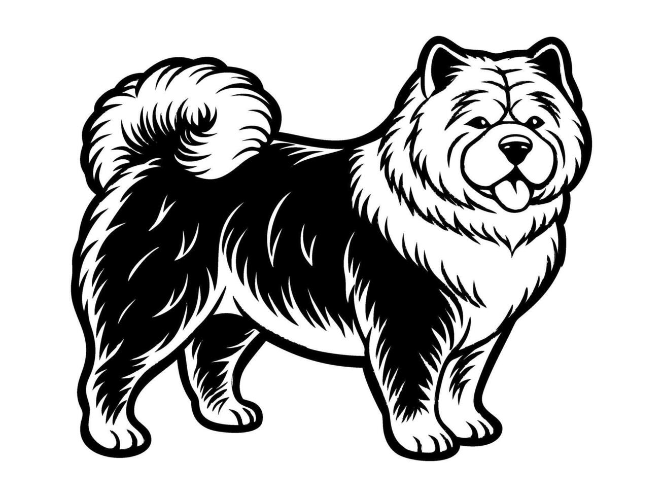 chow chow dog full body icon. Black and white logo, dog silhouette, engraving style. Pet illustration vector